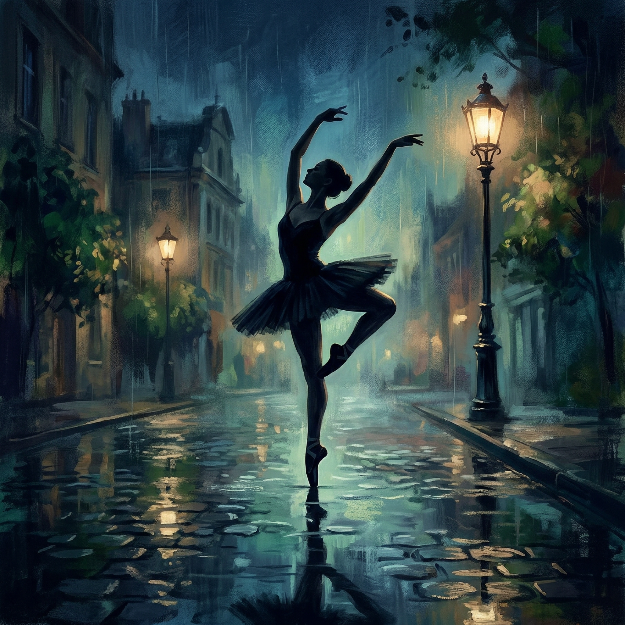 A digital painting featuring a silhouette of a ballerina in a graceful pose, set against a moody, impressionistic background with vintage-style street lamps casting a soft glow