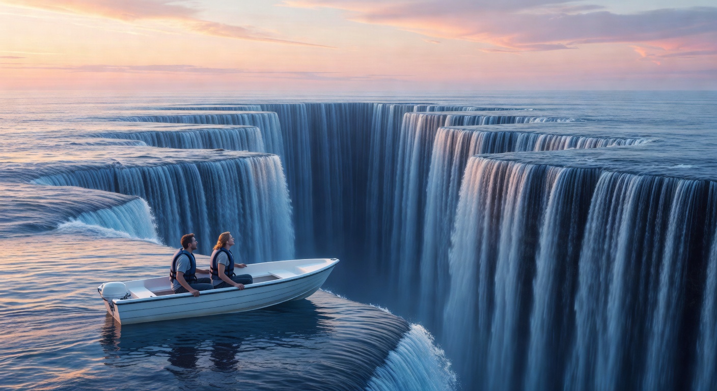 A surreal, dreamlike scene — two individuals in a small white motorboat at the edge of a cascading waterfall forming multi-tiered architectural ocean structures, with cool blue water and warm pastel sky