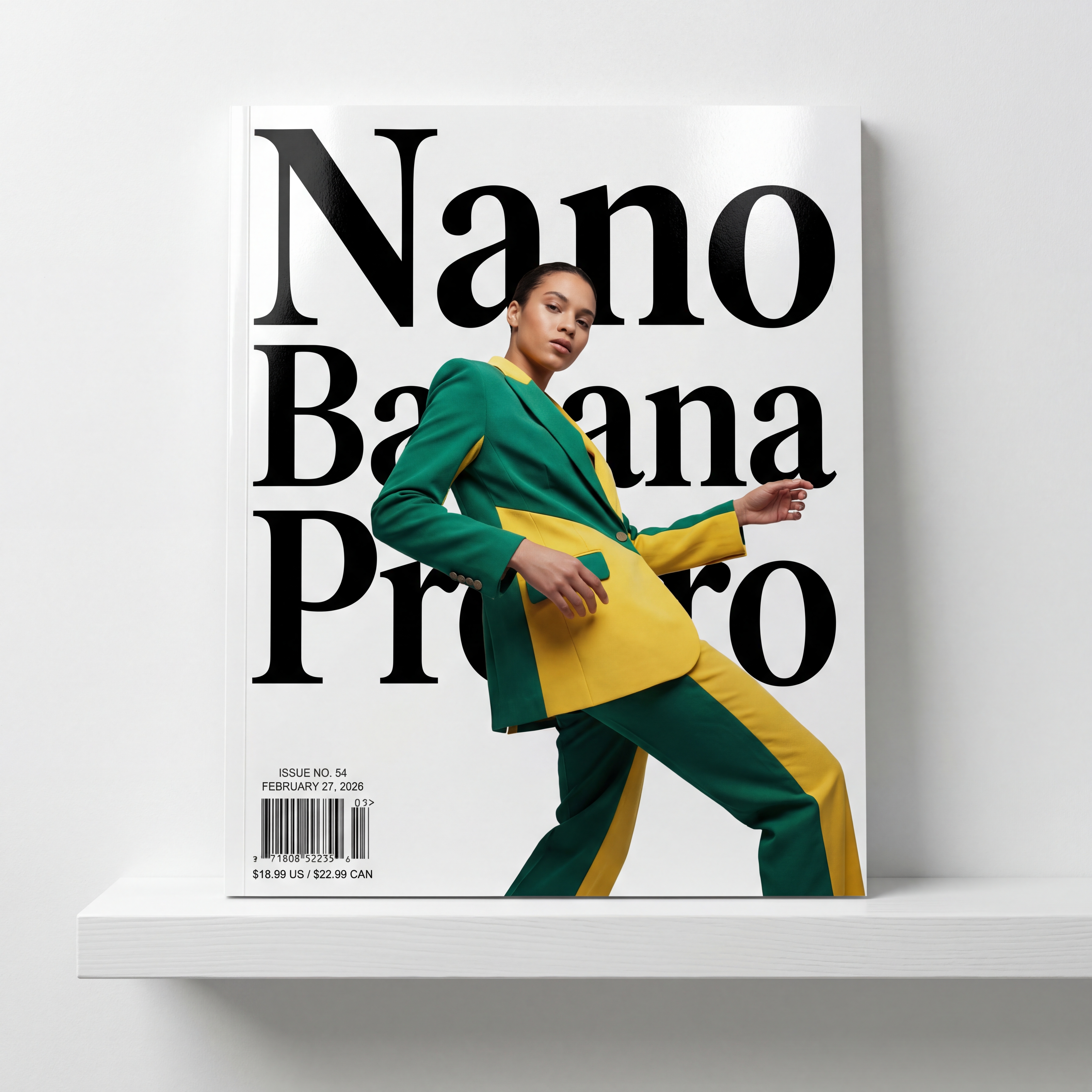 A glossy magazine cover with bold "Nano Banana Pro" text, a dynamic portrait in green and banana yellow high-end fashion, with issue number, date, barcode, on a white shelf