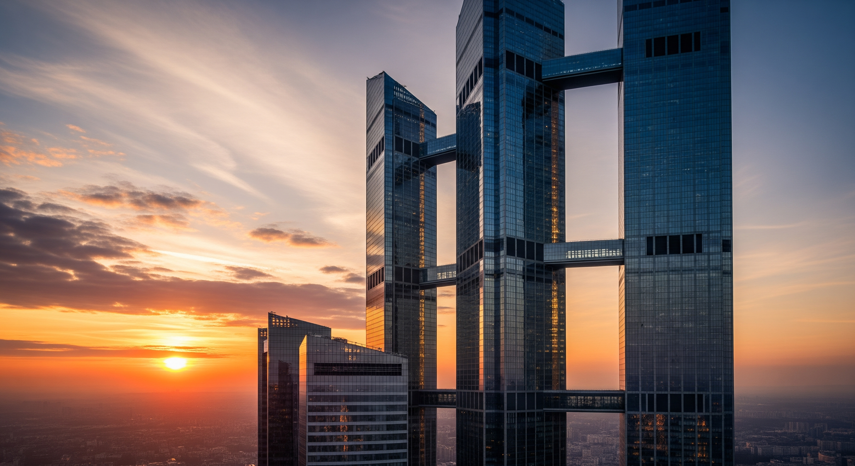 A digital render of a massive skyscraper, modern, grand, epic with a beautiful sunset in the background